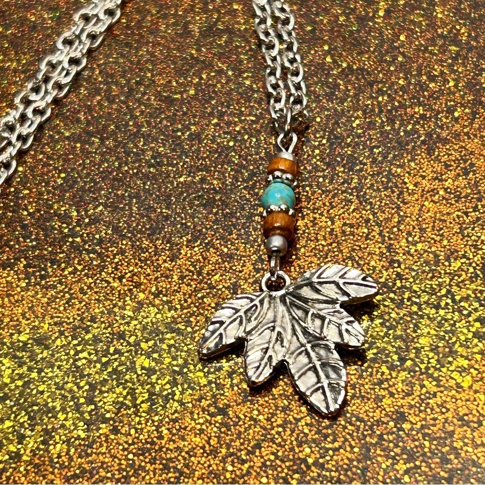 Silver Tone Leaf Pendant Necklace with Turquoise Stone Accents - Picture 2 of 3